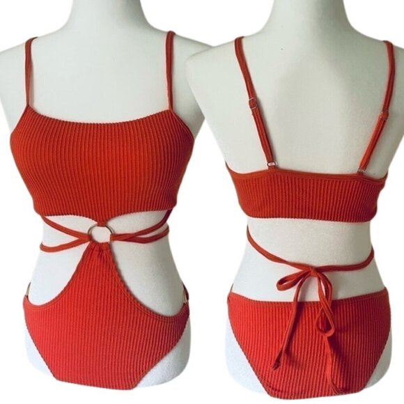 Ring Linked Cut-out One Piece Swimsuit - Orange - Size M - Picture 1 of 10